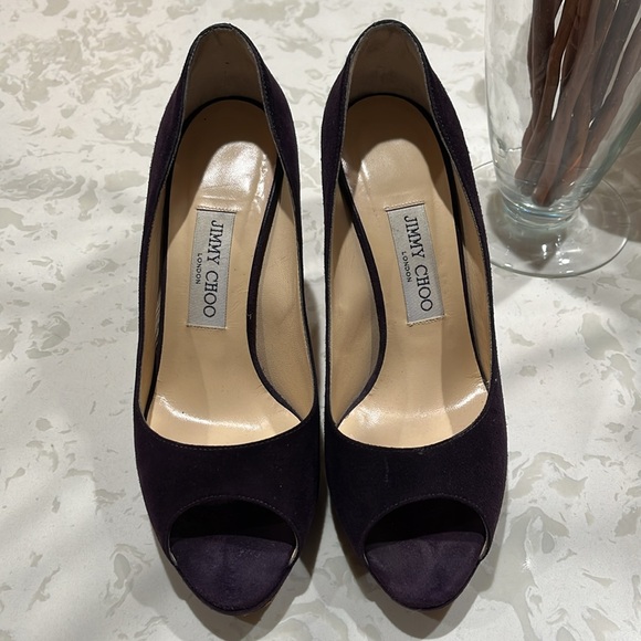 Jimmy Choo | Purple Suede Open Toe Pumps (8.5) - Picture 1 of 10